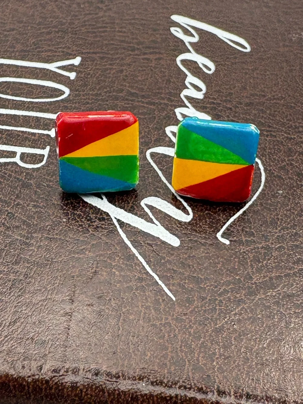 Vintage Rainbow Geometric Square Stud Earrings Retro Colorful